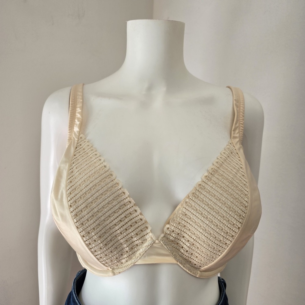 Third Love Bra 42C Beige Lace Satin Eyelet Removable Pad Matte & Shine Plunge